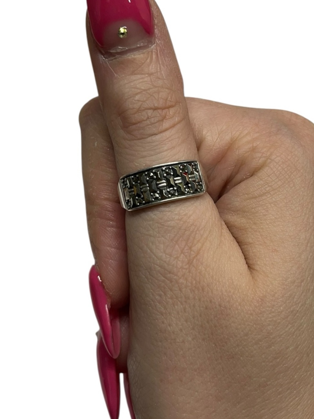 Vintage Sterling Silver Marcasite Crystal Thick Band Ring Size 7.75-8